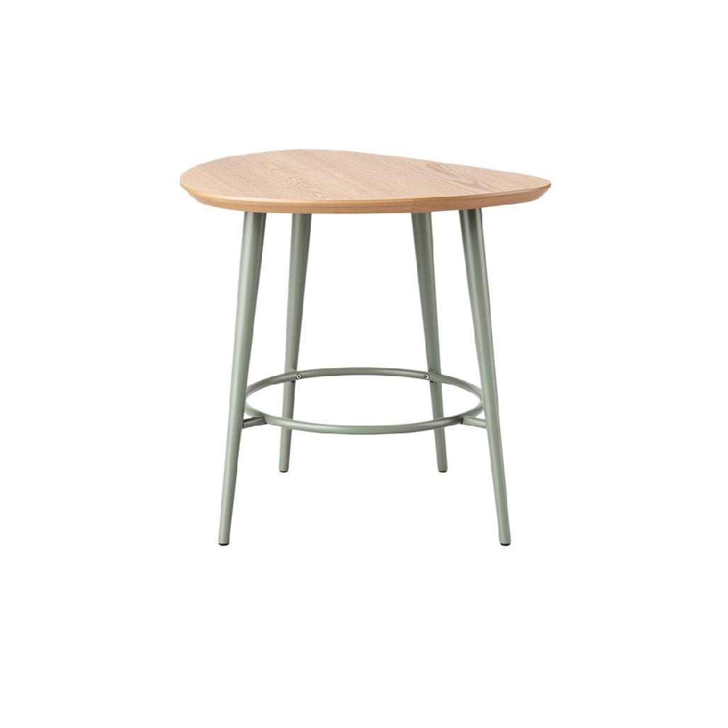 Moderne driehoekige tafel met houten blad en metalen poten
